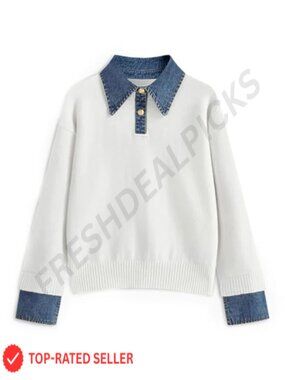 Women's Oversized Knit Sweater Denim Collar Polo Long Sleeve Pullover
